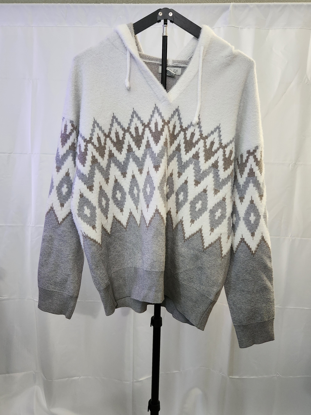 Rachel Zoe Silver, Gold & White Fair Isle Hooded Sweater Size XL Rayon Blend